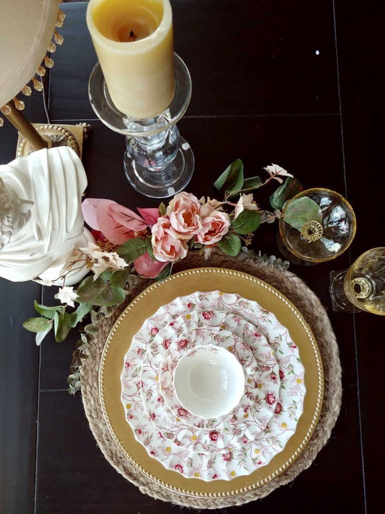chintz plates on a table overhead view