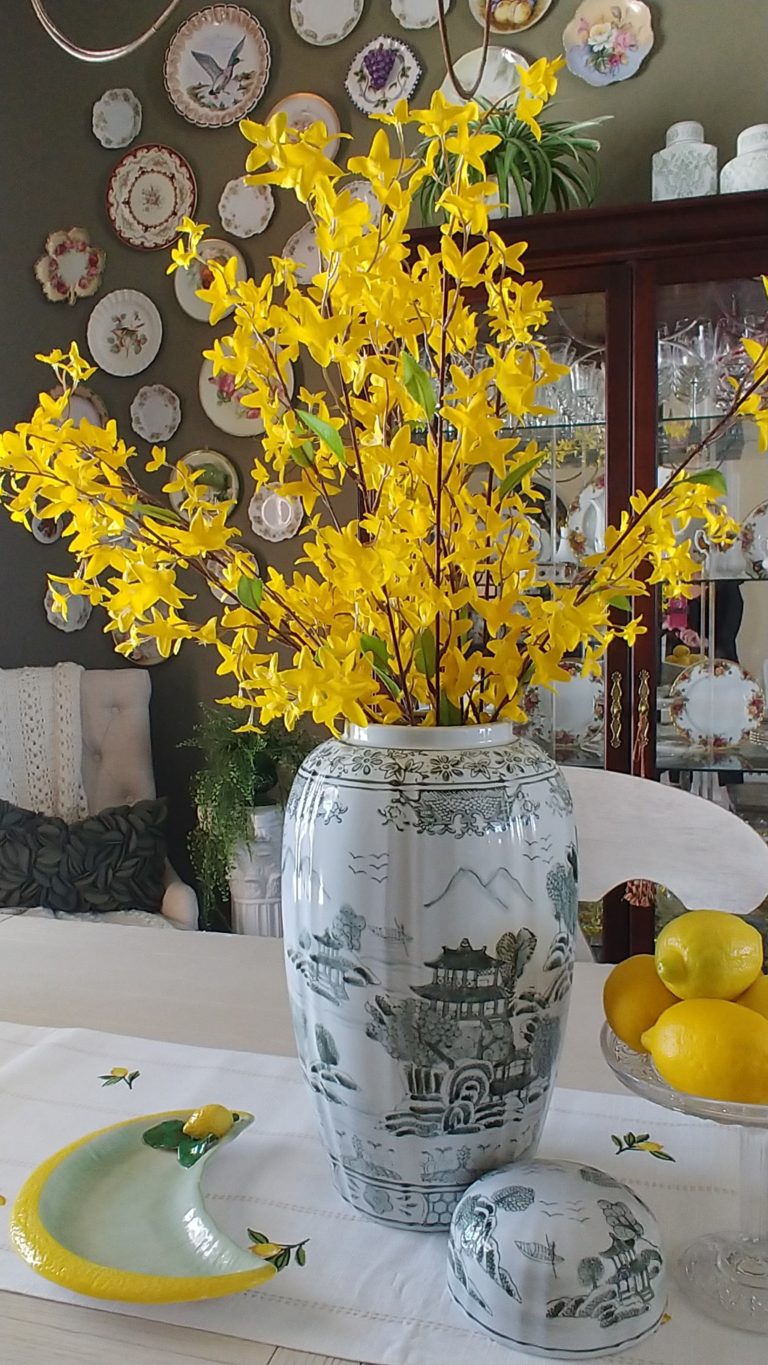 A vase of yellow forsythia flowers on a table
