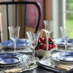 blue chintz dishes on patriotic table