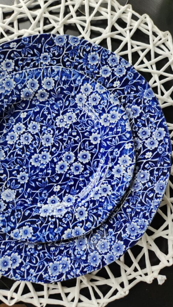 blue chintz dishes on table