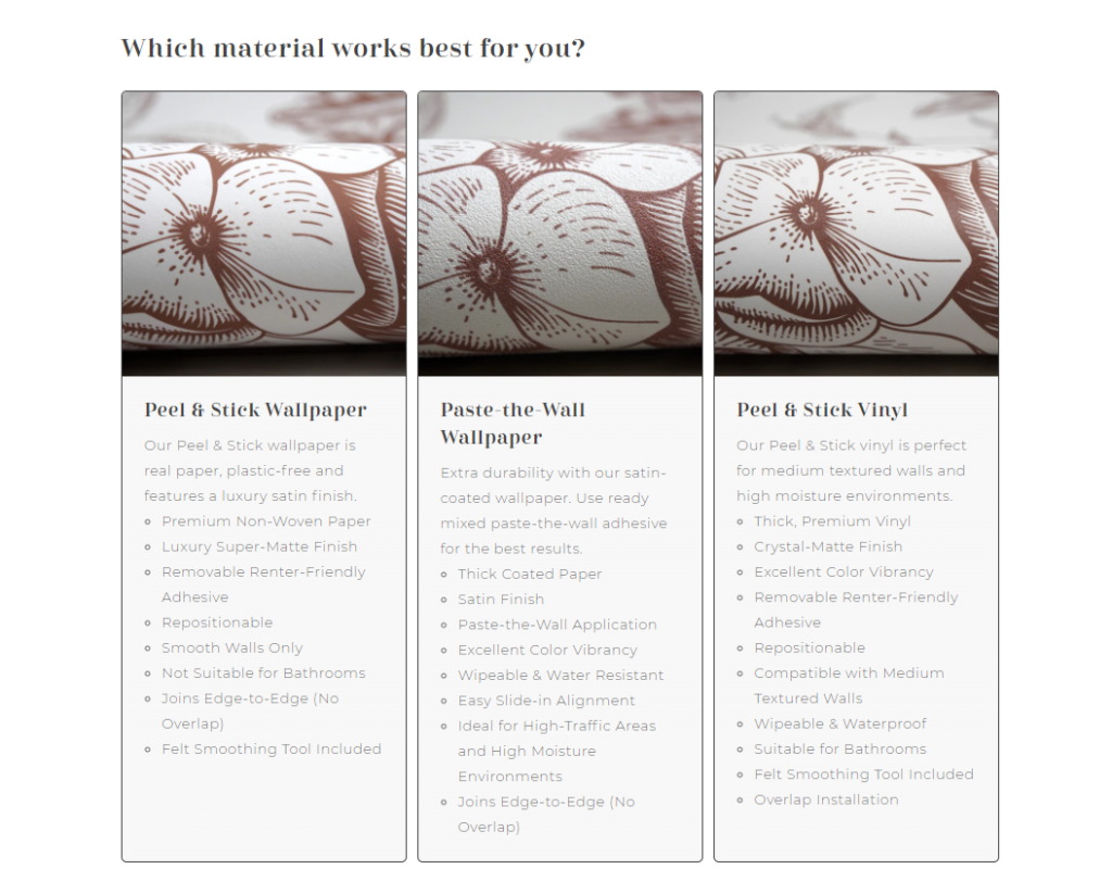 chart of material types for wallpaper choices