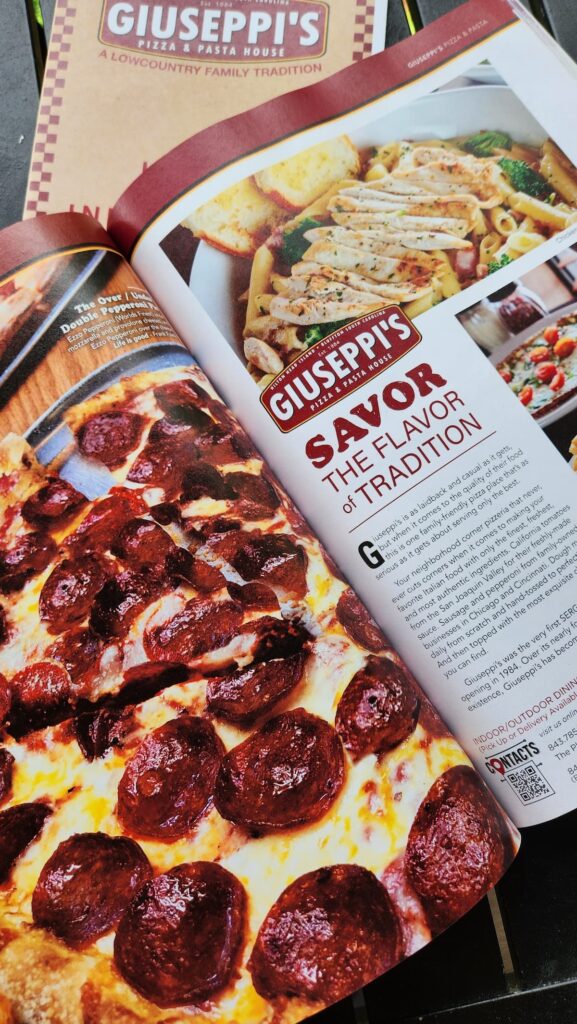 giuseppi's menu and article in booklet about the pizzeria