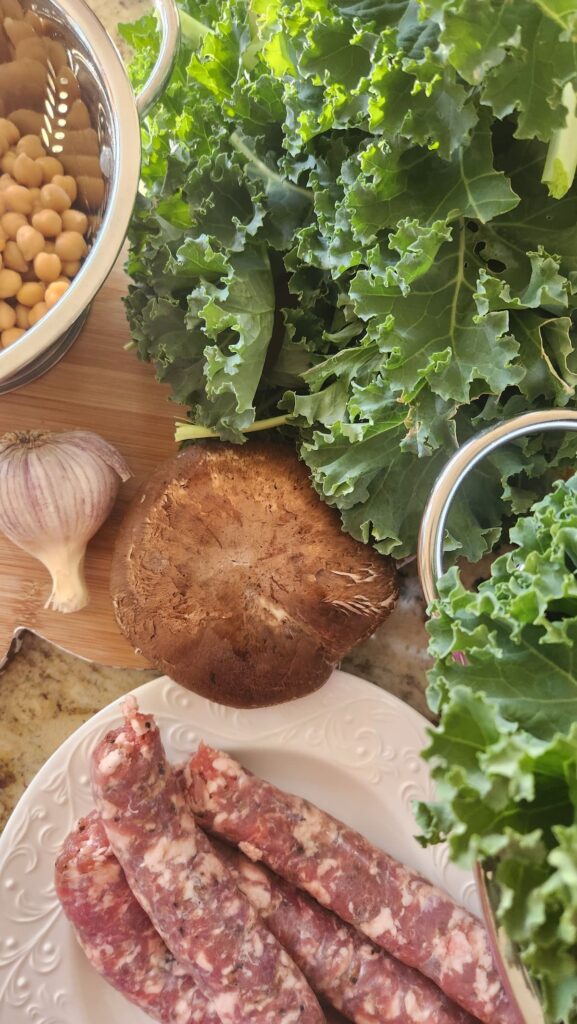 kale, sausage, mushroom, chick peas and garlic for greens and beans recipe