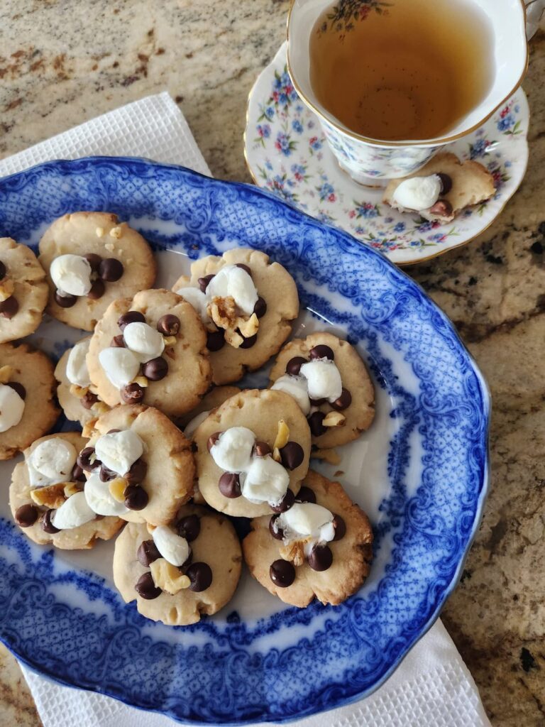 flo blue antique dish with rocky road shortbread cookies on it