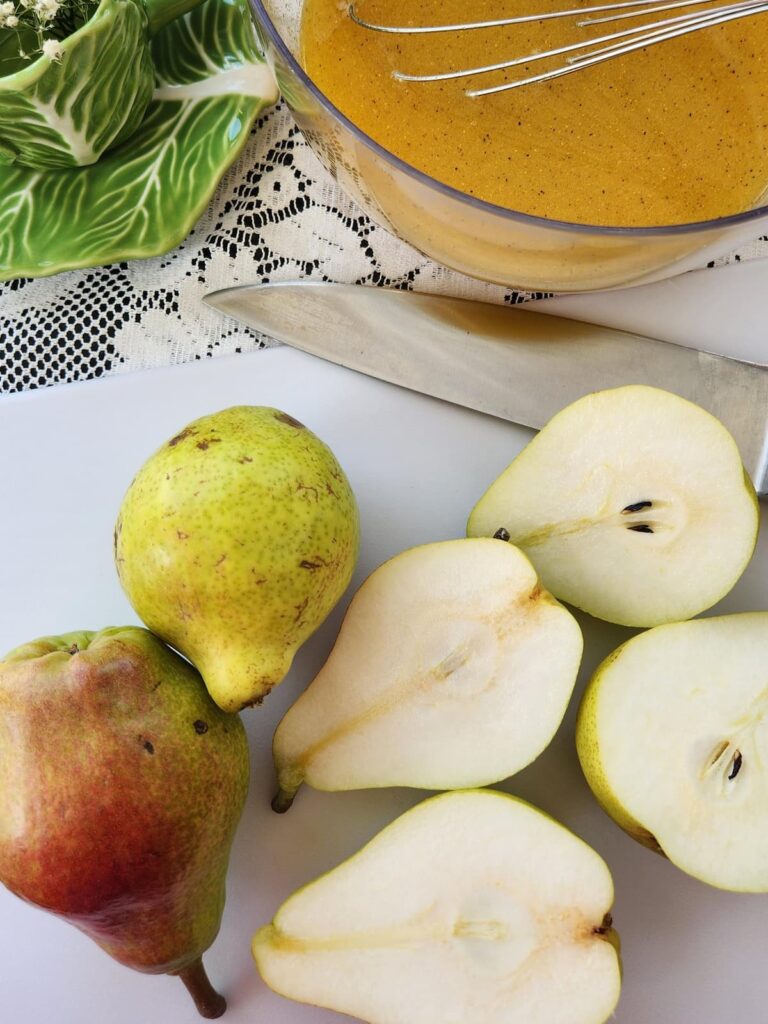 pears sliced in half for chicken and pear recipe