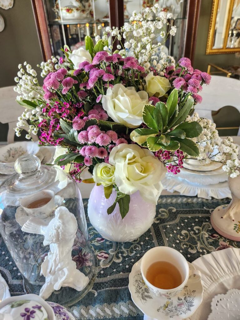 fresh and faux florals for arrangement white and purples